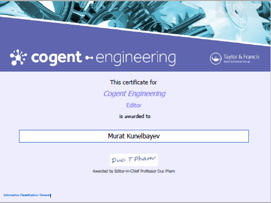 Professor at the Department of Artificial Intelligence and Big Data Kunelbaev Murat was a member of the scientific editor of the famous magazine Cogent Engineering Q2, Taylor & Francis, UK publishing house.