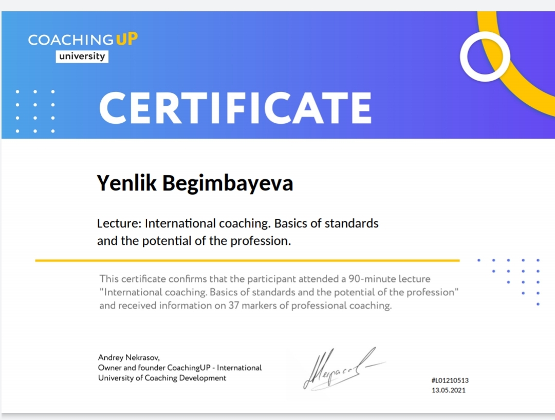 Certificate Begimbayeva Yenlik