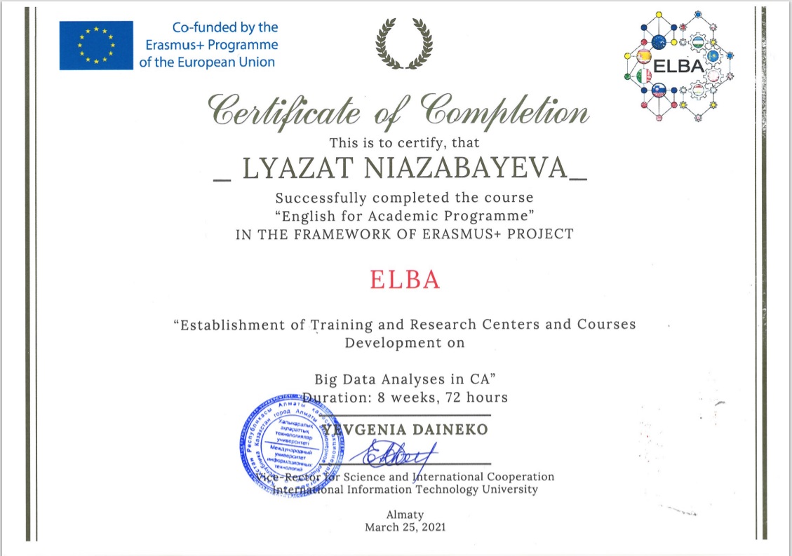  Lyazat Niazbaeva successfully completed the course English for academic programme