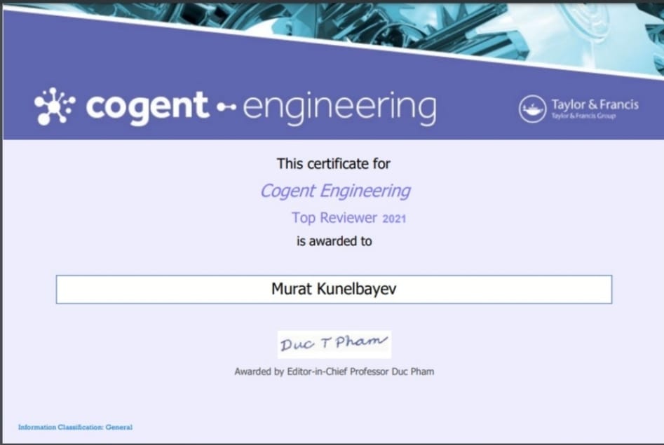 Старший преподаватель кафедры искусственного интеллекта и Big Date  Мурат Кунельбаев стал Top Reviewer 2021 года журнала Cogent Engineering